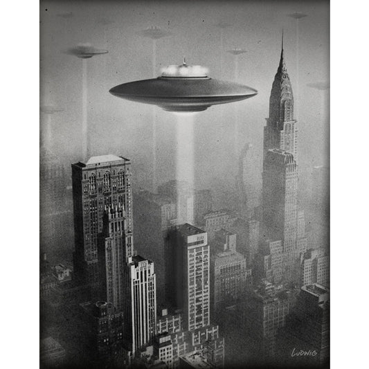 NYC '53 Invasion art print by Billy Ludwig shows UFOs hovering over New York City