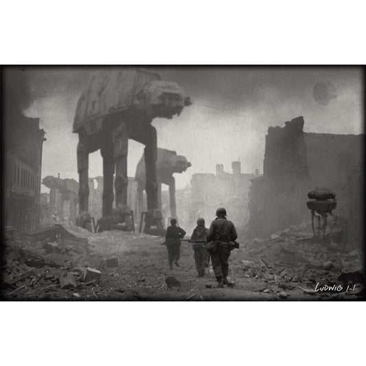 Artist Billy Ludwig, head of a company called Thirteenth Floor, created a  series of black and white photos from World War II with Star Wars overlays.