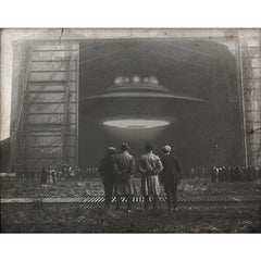 "The Unveil" art print by Billy Ludwig shows 4 men looking into a hangar with a hovering UFO