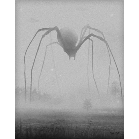The Great Terror art print by Billy Ludwig shows a giant spider walking through an open field.