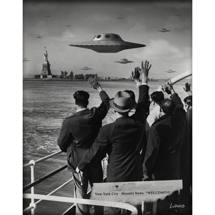 "Welcoming Committee" by Billy Ludwig shows people waving at UFOs hovering close to Ellis Island. 